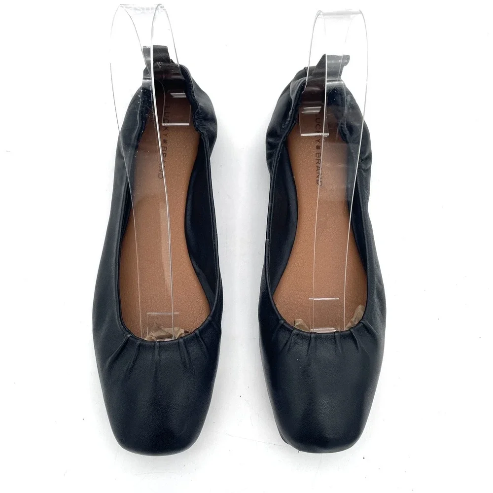 Lucky Brand Giorga Black Leather Ballet Flats Womens 9.5M Square Toe Shoes